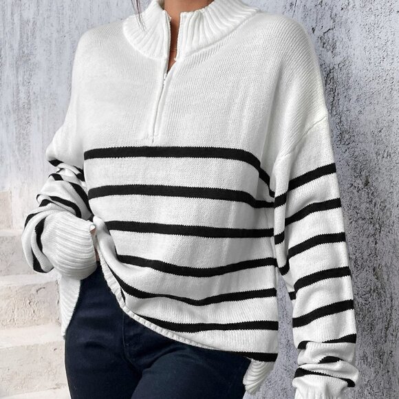 White Casual Womens Stripe Pattern Half Zipper Drop Shoulder Sweater - Picture 3 of 5
